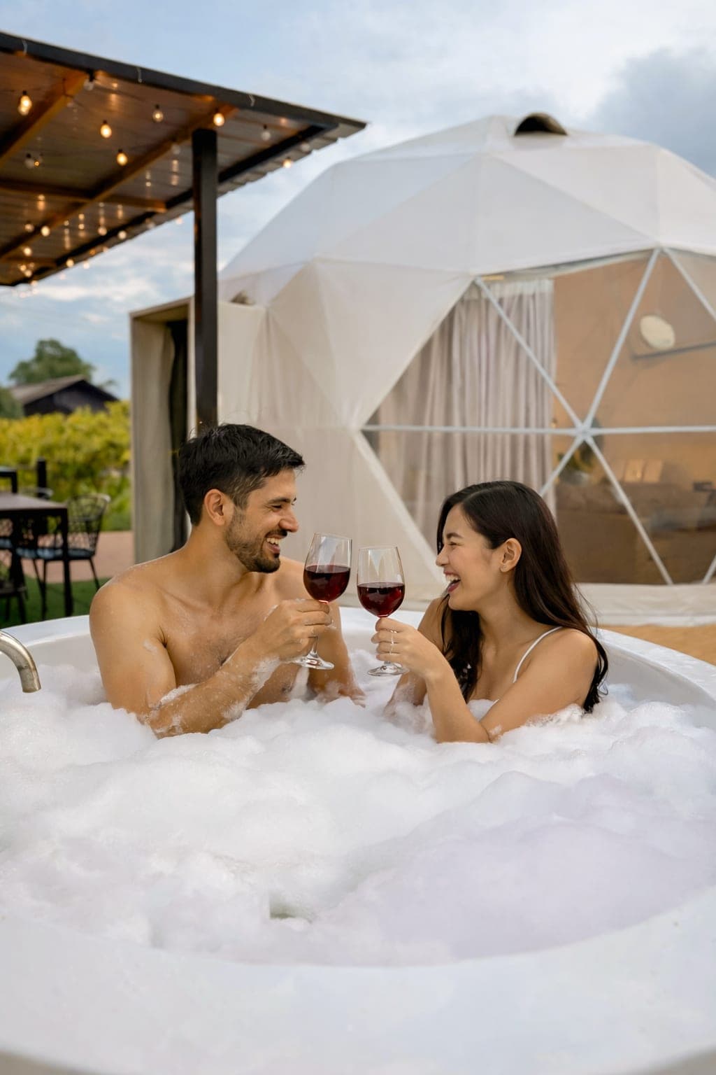 Two guests with wine glasses in the heated jacuzzi as the sky turns to dusk